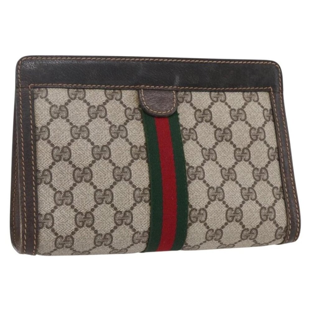 GUCCI GG Supreme Web Sherry Line Bag PVC Beige Gold 41 014 2125 23 Auth BA7795 - Picture 1 of 16